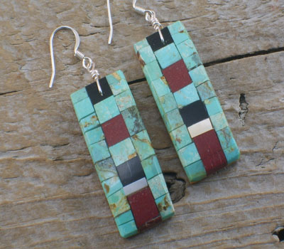 Earrings Native American Inlay Mosaic Tiles Long -B